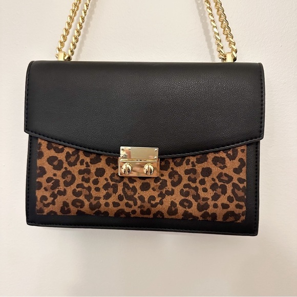 Express Animal Print Vegan Leather Flap Gold Chain Handbag Brown Black - Picture 3 of 10